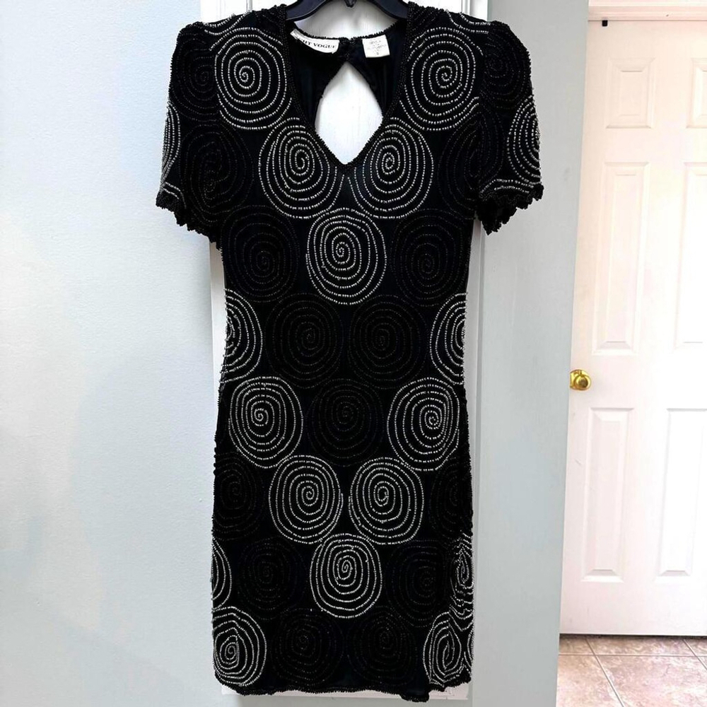 Vintage 80’s Night Vogue 100% Silk Beaded Cocktail Dress Black Silver